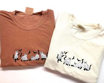 Embroidered Ghost Cat Shirt, Cat Ghost Comfort Color Shirt, Funny Ghost Cat Shirt, Cute Halloween Shirt, Cat Lover Gifts, Unisex Tees