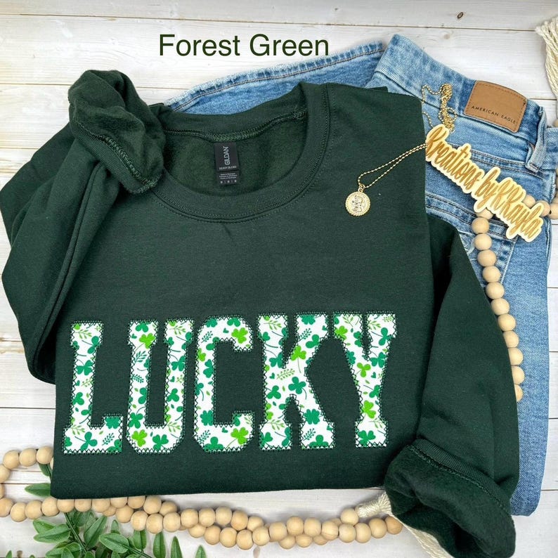 Lucky Sweatshirt, St Patty's Embroidered Sweatshirt, Shamrock Sweatshirt, Irish Four Leaf Clover Crewneck, St Patrick's Day Sweatshirt image 5