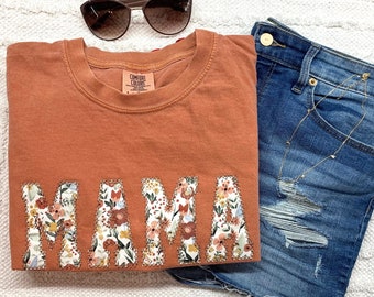 Embroidered Mama Shirt, Personalized Mama Shirt, Mama Fall Shirt, Custom Mama Shirt Comfort Colors Yam Floral Mama Shirt, Minimalist Shirt