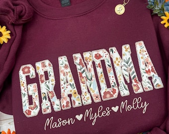 Embroidered Grandma Sweatshirt, Custom Floral Pullover Crewneck, Cozy Gift for Grandma, Mother’s Day Sweatshirt, Pregnancy Reveal Outfit