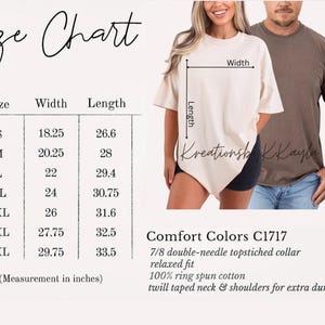May include: A size chart with measurements in inches for t-shirts, alongside a person wearing a cream-colored t-shirt. The chart lists sizes S to 4XL, with corresponding width and length measurements. The shirt is Comfort Colors C1717, made of ring spun cotton.
