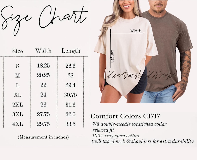 May include: A size chart with measurements in inches for t-shirts, alongside a person wearing a cream-colored t-shirt. The chart lists sizes S to 4XL, with corresponding width and length measurements. The shirt is Comfort Colors C1717, made of ring spun cotton.