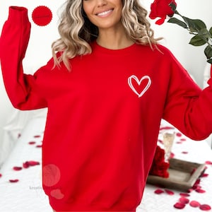 Valentines Heart Sweatshirt, Embroidered Heart Sweatshirt, Cute Valentine&#39;s Day Sweatshirt, Valentines Day Gift, Galentine Sweatshirt
