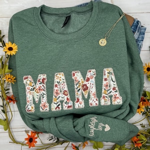 Embroidered Mama Sweatshirt, Floral Mom Crewneck, Personalized Gift for Mom, Custom Sleeve with Kids' Names, Cute Mother's Day Sweatshirt