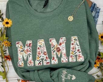 Embroidered Mama Sweatshirt, Floral Mom Crewneck, Personalized Gift for Mom, Custom Sleeve with Kids' Names, Cute Mother's Day Sweatshirt