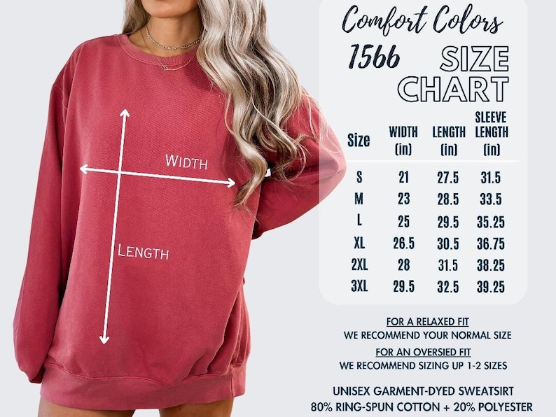 K&ouml;nnte beinhalten: Eine Gr&ouml;&szlig;entabelle f&uuml;r ein Unisex-Garment-Dye-Sweatshirt aus 80 % Ring-Spun-Baumwolle und 20 % Polyester. Die Tabelle zeigt die Breite, L&auml;nge und &Auml;rmell&auml;nge in Zoll f&uuml;r die Gr&ouml;&szlig;en S bis 3XL.