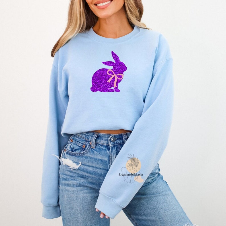 Easter Bunny Sweatshirt, Cute Girly Bunny with Bow Sweatshirt, Coquette Bunny Sweatshirt, Glitter Bunny Sweatshirt, Easter Gift for Women image 1