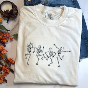 Embroidered Dancing Skeletons Shirt, Comfort Colors Halloween Tee, Spooky Season Shirt, Cute Skeleton Shirt, Fall Vibes Tee, Halloween Shirt