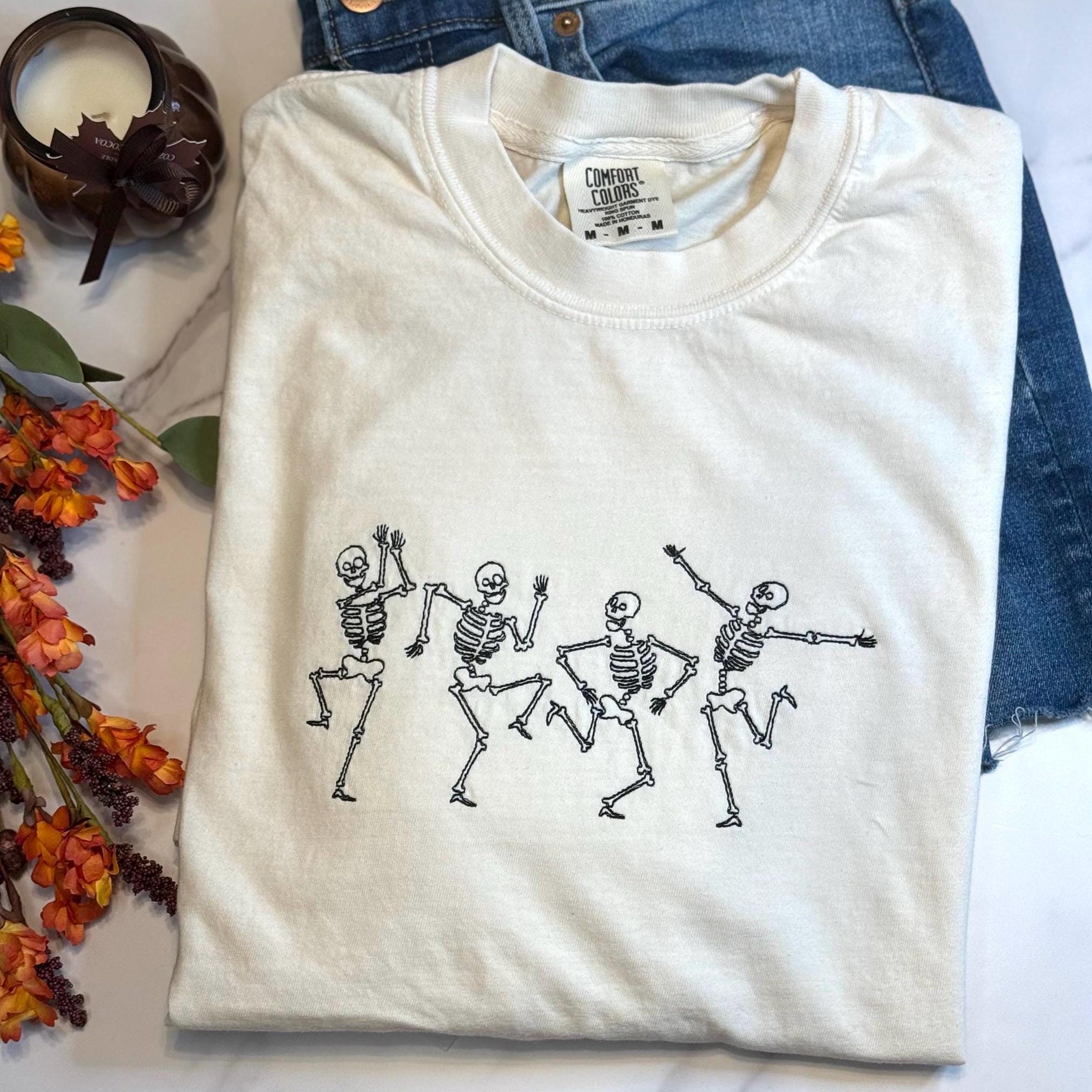 Embroidered Dancing Skeletons Shirt, Comfort Colors Halloween Tee, Spooky Season Shirt, Cute Skeleton Shirt, Fall Vibes Tee, Halloween Shirt