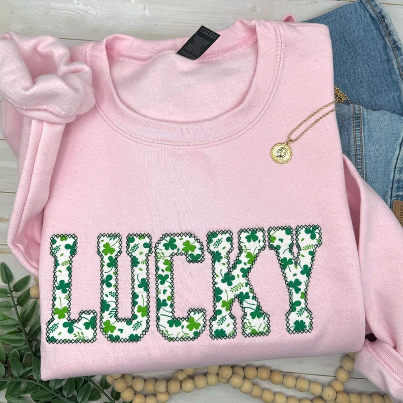 Lucky Sweatshirt, St Patty's Embroidered Sweatshirt, Shamrock Sweatshirt, Irish Four Leaf Clover Crewneck, St Patrick's Day Sweatshirt image 6