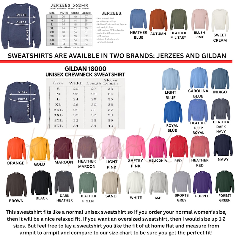 May include: Image of unisex crewneck sweatshirts from Jerzees and Gildan, with a size chart and colour options. Colours include heather blue, orange, and maroon. Text states, "SWEATSHIRTS ARE AVAILABLE IN TWO BRANDS: JERZEES AND GILDAN."