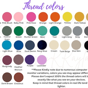May include: A colour chart showcasing a range of thread colours, from pinks and oranges to greens and blues. The text "Thread colours" is at the top. A disclaimer is included regarding colour variations on different screens.
