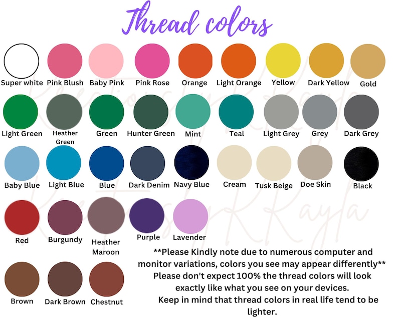 May include: A colour chart showcasing a range of thread colours, from pinks and oranges to greens and blues. The text "Thread colours" is at the top. A disclaimer is included regarding colour variations on different screens.