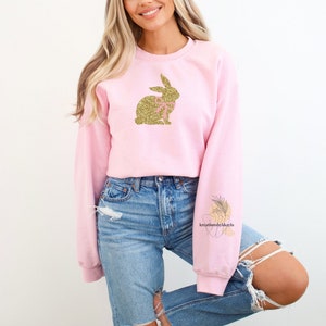 Easter Bunny Sweatshirt, Cute Girly Bunny with Bow Sweatshirt, Coquette Bunny Sweatshirt, Glitter Bunny Sweatshirt, Easter Gift for Women image 5