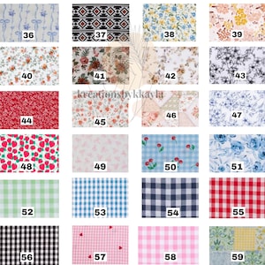 May include: A selection of fabric swatches showcasing diverse patterns. Designs include floral, gingham, geometric, and fruit motifs. Colours vary from red, blue, and pink to black and white. The text "kreationsbykayla" is visible.