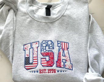 USA Embroidered Sweatshirt, USA Est 1776 Sweatshirt, 4th of July Sweatshirt, Cute USA Applique Crewneck