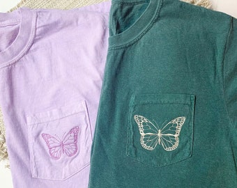 Embroidered Butterfly Comfort Colors Shirt, Minimalist Pocket Tee, Custom Short Sleeve T-Shirt, Trendy Nature Shirt, Cute Butterfly Shirt