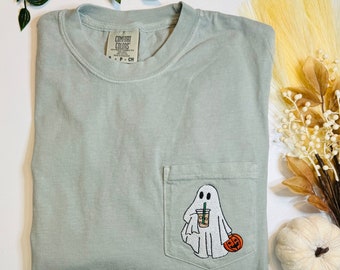 Embroidered Ghost Coffee Shirt, Iced Coffee Pocket Tee, Halloween Comfort Colors T-Shirt, Cute Ghost Fall Shirt, Coffee Lover Gift