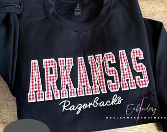 Custom College Mascot Gingham Sweatshirt, Embroidered College Initials Varsity Crewneck, Personalized School Pride Graduation Gift