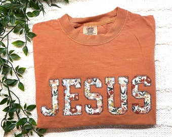 Embroidered Jesus Shirt, Jesus Floral Applique T Shirt, Comfort Color Tee, Minimalist Shirt