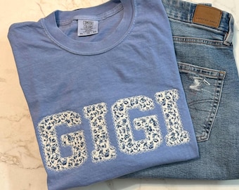 Embroidered Gigi Shirt, Personalized Blue Floral Gigi Tee, Custom Toile Gigi Shirt, New Grandma Announcement Shirt, Comfort Colors Tee