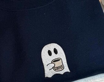 Embroidered Coffee Ghost Shirt, Cute Iced Coffee Ghost Tee, Fall Halloween Comfort Colors Shirt, Cozy Ghost T-Shirt for Coffee Lovers