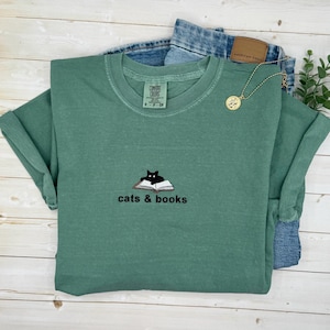 Embroidered Cats and Books Shirt, Book Lover Tee, Reading T-Shirt, Bookish Gift, Comfort Colors Cat Lover Shirt, Librarian Aesthetic Tee