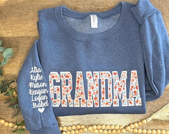 Embroidered Grandma Sweatshirt, Custom Personalized Grandma Sweatshirt with Kids Names, Floral Sweatshirt, Gift for Gigi, Mother's Day Gift