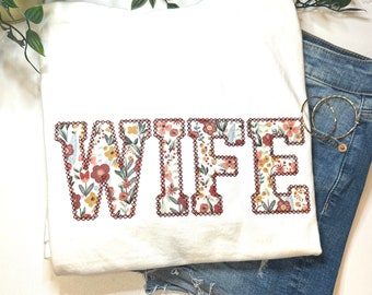 Wifey Shirt, Embroidered Wifey Floral Applique T Shirt, New Wife Shirt, Comfort Color Tee, Bridal Shower Gift, Wedding Gift, Gift for Bride