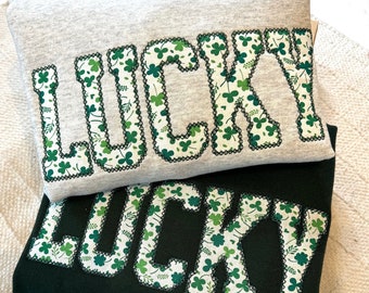 Lucky Sweatshirt, St Patty's Embroidered Sweatshirt, Shamrock Sweatshirt, Irish Four Leaf Clover Crewneck, St Patrick's Day Sweatshirt