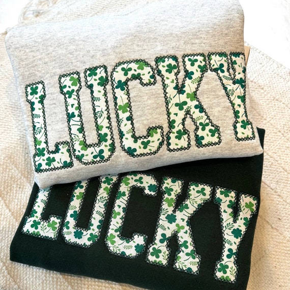 Lucky Sweatshirt, St Patty's Embroidered Sweatshirt, Shamrock Sweatshirt, Irish Four Leaf Clover Crewneck, St Patrick's Day Sweatshirt