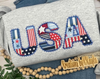 Embroidered USA Appliqué Sweatshirt | Personalized USA Crewneck | Cute 4th of July Apparel | Varsity Lace Pullover