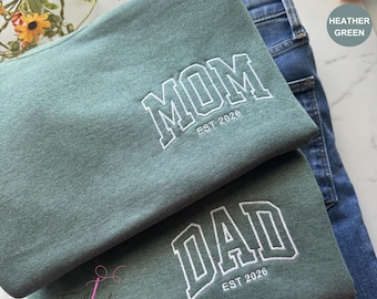 Embroidered Mom Dad Sweatshirt, Baby Announcement Crewneck