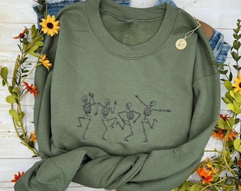 Dancing Skeletons Sweatshirt, Embroidered Dancing Skeletons Crewneck, Cute Halloween Sweatshirt, Fall Sweatshirt, Spooky Season Crewneck