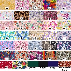 May include: A selection of fabric swatches featuring diverse patterns, including florals, animal prints, and solid colours. The swatches are labelled with letters and display a range of colours like yellow, pink, blue, and green. The image also includes the words "green", "black", "blue", and "red orange floral".