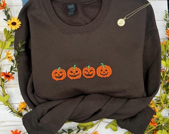 Embroidered Pumpkin Sweatshirt, Halloween Crewneck, Jack-o'-Lantern Sweatshirt, Spooky Season, Pumpkin Face Sweatshirt