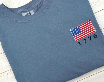 Embroidered USA Flag Comfort Colors T-Shirt, 1776 Patriotic Shirt, Fourth of July USA Tee