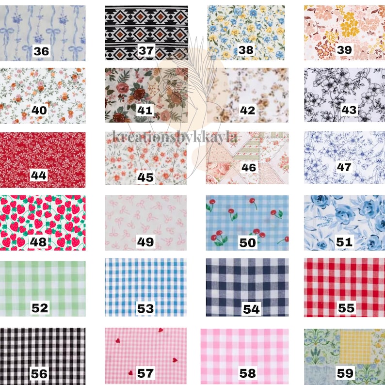 May include: A collection of fabric swatches with various patterns. Designs include floral, gingham, geometric, and fruit motifs. Colors range from red, blue, and pink to black and white. The text "kreationsbykayla" is visible.
