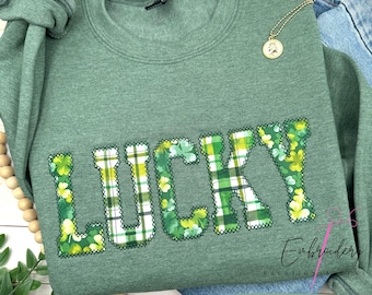 Lucky Shamrock Sweatshirt, St. Patrick's Day Embroidered Crewneck, Irish Four-Leaf Clover Pullover, Cute Lucky Sweatshirt