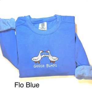K&ouml;nnte beinhalten: Ein hellblauer Pullover mit einem wei&szlig;en G&auml;nsehaut-Design und dem Text "Goose Bumps" in Schwarz. Der Pullover ist gefaltet und flach auf einer wei&szlig;en Oberfl&auml;che gelegt.