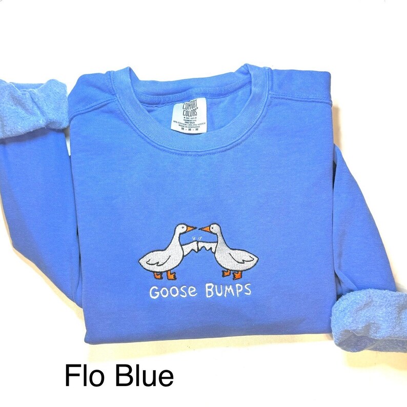 K&ouml;nnte beinhalten: Ein hellblauer Pullover mit einem wei&szlig;en G&auml;nsehaut-Design und dem Text "Goose Bumps" in Schwarz. Der Pullover ist gefaltet und flach auf einer wei&szlig;en Oberfl&auml;che gelegt.