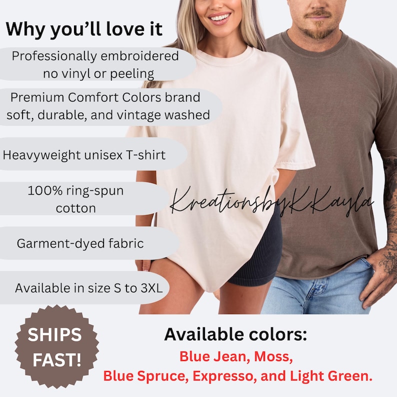 May include: Two people wearing heavyweight unisex T-shirts in different colors. The shirts are available in sizes S to 3XL and come in various colors, including Blue Jean, Moss, and Light Green. The shirts are professionally embroidered and made of garment-dyed fabric.