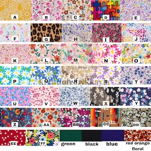 May include: A collection of fabric swatches with various floral patterns, animal prints, and solid colors. The swatches are labeled with letters and include a variety of colors such as yellow, pink, blue, and green. The bottom row features solid colors and a red orange floral pattern.