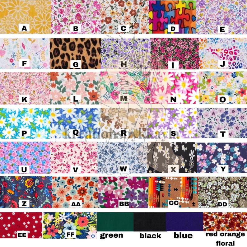 May include: A collection of fabric swatches with various floral patterns, animal prints, and solid colors. The swatches are labeled with letters and include a variety of colors such as yellow, pink, blue, and green. The bottom row features solid colors and a red orange floral pattern.