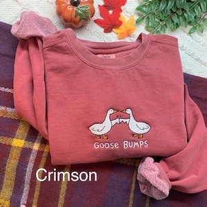 K&ouml;nnte beinhalten: Rostfarbener Sweatshirt mit einem wei&szlig;en gestickten Design aus zwei G&auml;nsen mit dem Text "Goose Bumps" darunter.