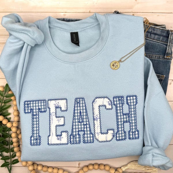 Embroidered Gingham Teacher Sweatshirt, Coquette Bow Teacher Crewneck, Cute Teacher Gift, New Teacher Sweater, Back to School Outfit