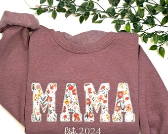 Embroidered Mama Sweatshirt, Mama Est 2024, Embroidered Mom Sweatshirt, Gift for Mom, Mother's Day Gift, Gift for Wife, Mama Gift