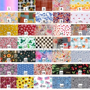 May include: A collection of fabric swatches with various patterns and colors. Designs include sunflowers, gingham, floral, hearts, cherries, and camouflage. The swatches are arranged in a grid, showcasing a variety of textile options.
