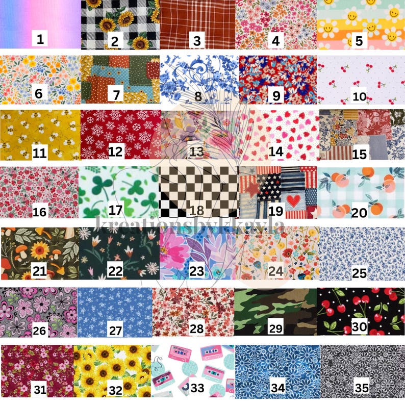 May include: A collection of fabric swatches with various patterns and colors. Designs include sunflowers, gingham, floral, hearts, cherries, and camouflage. The swatches are arranged in a grid, showcasing a variety of textile options.