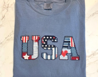 USA Shirt, Embroidered USA Shirt, Patriotic Shirt, American Flag shirt, America Shirt, Applique Shirt, Cute Independence Day Shirt